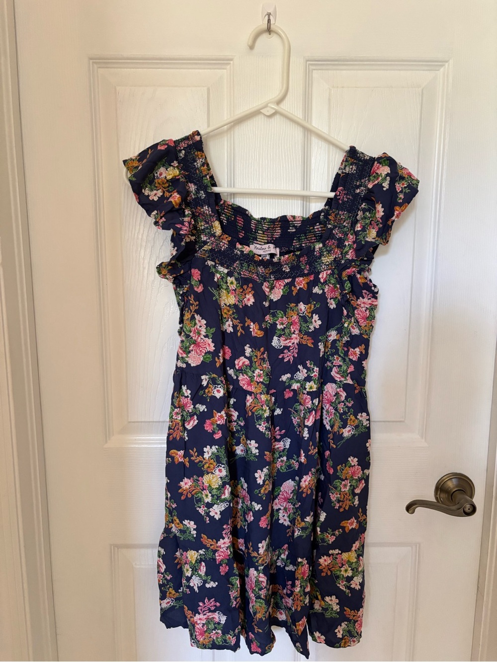 Navy Floral Smocked Shoulder Casual Dress for Girls